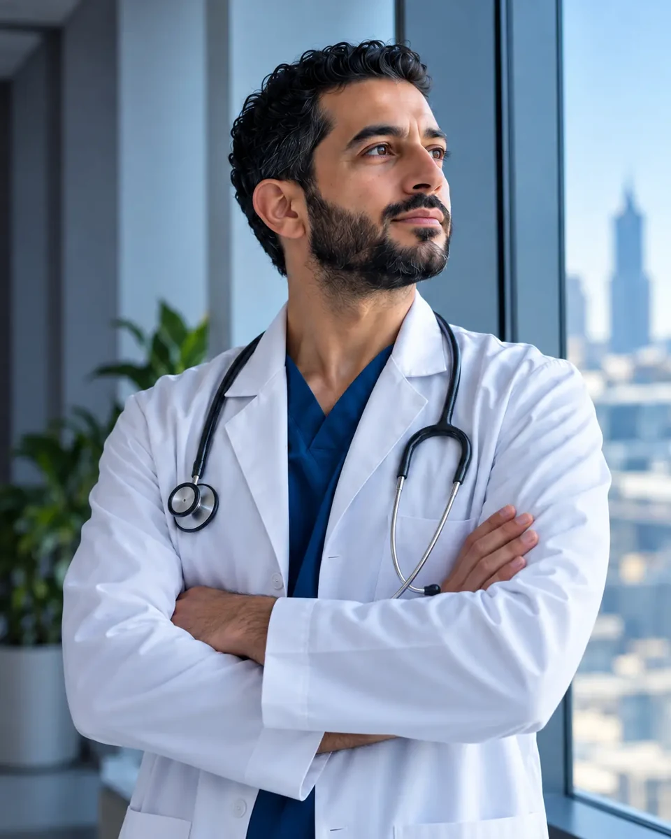 طبيب بزي طبي أزرق ومعطف أبيض بجوار نافذة