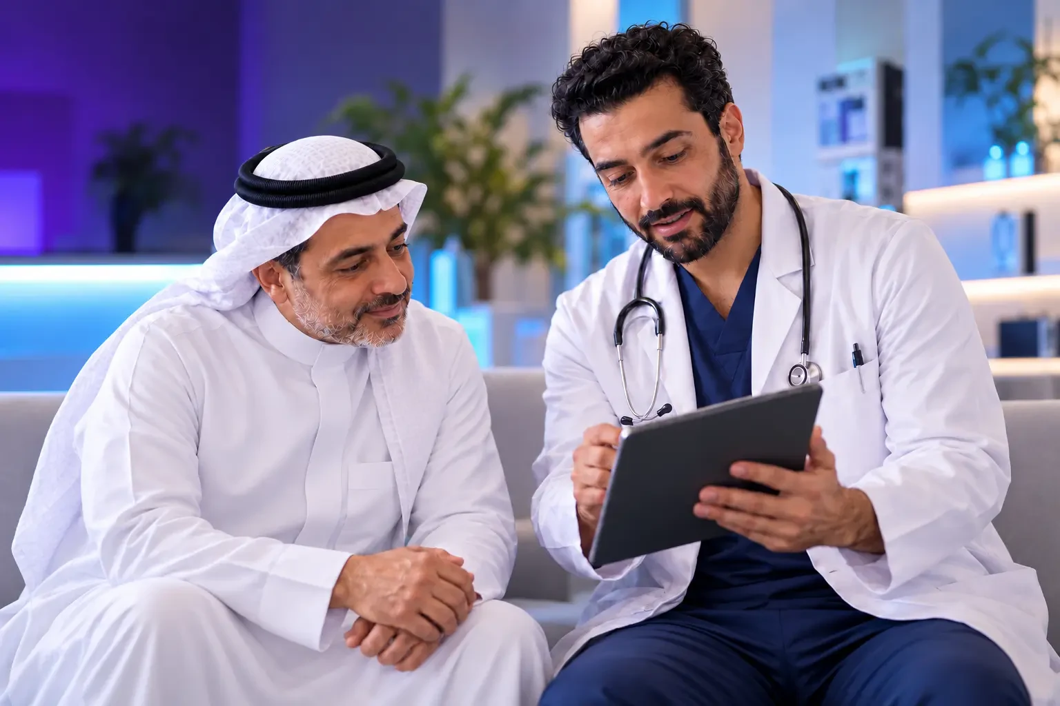 A physician reviewing a tablet with an older Saudi patient