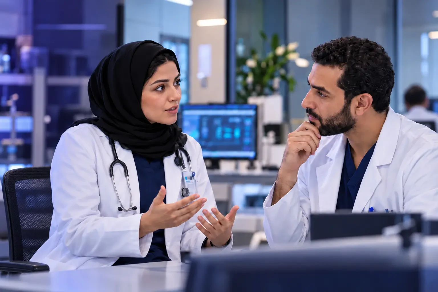 Two physicians in scrubs and white coats discussing care at a desk