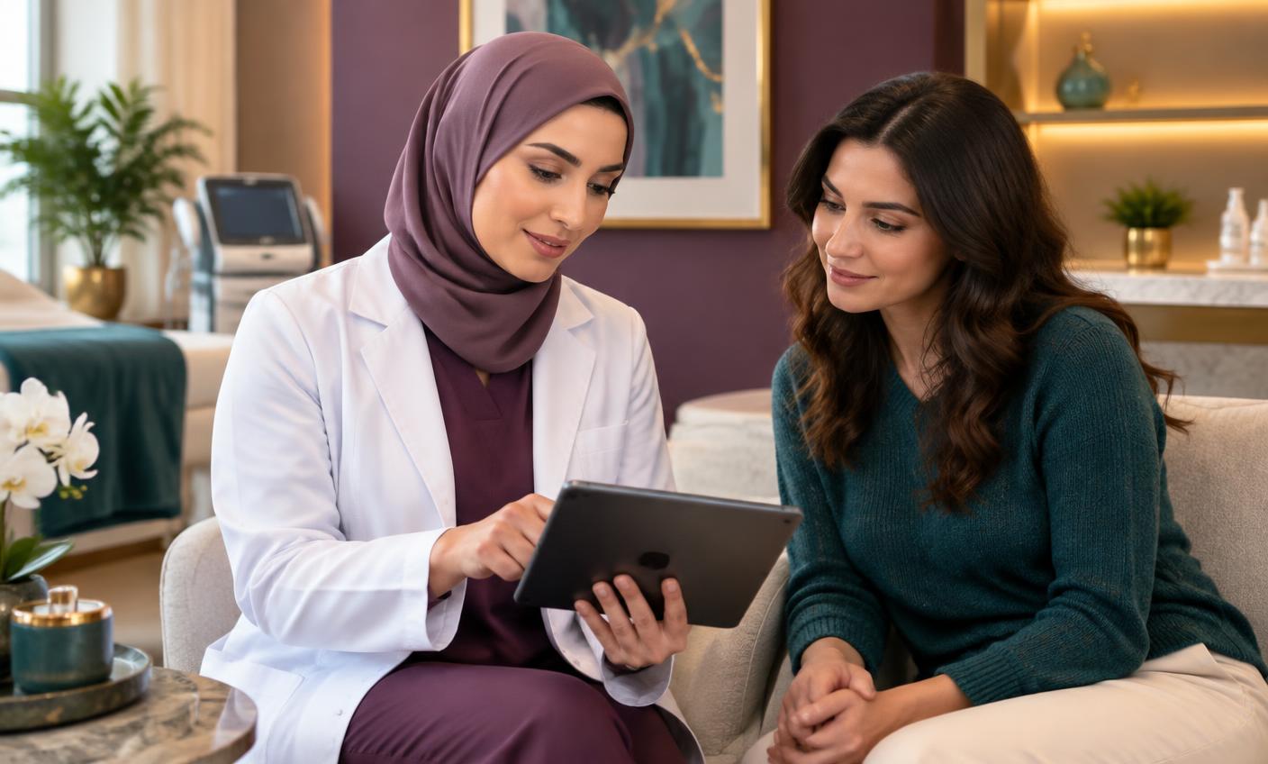 Dermatologist reviewing a multi-session treatment plan with a patient on a tablet