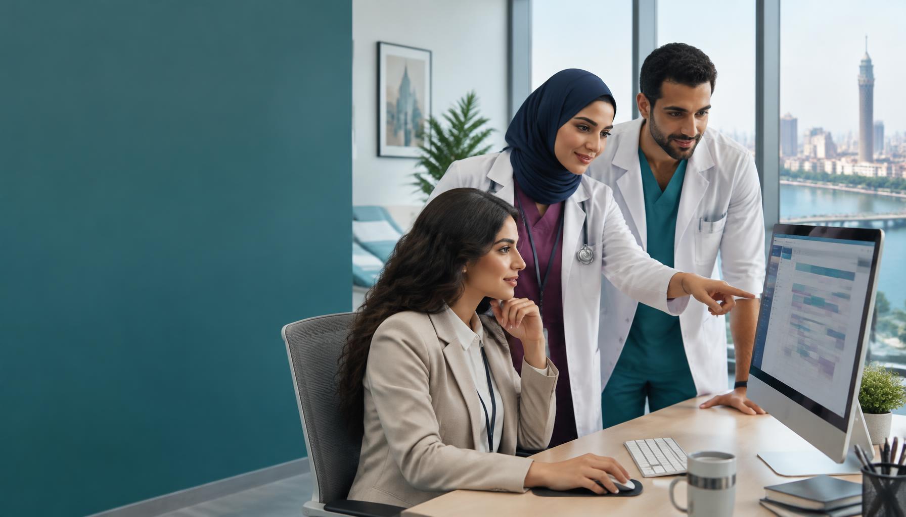 مشهد توضيحي لفريق رعاية بالقاهرة: طبيبان بزي طبي ومعطفين أبيضين يراجعان مساحة عمل للمواعيد مع زميلة تشغيل