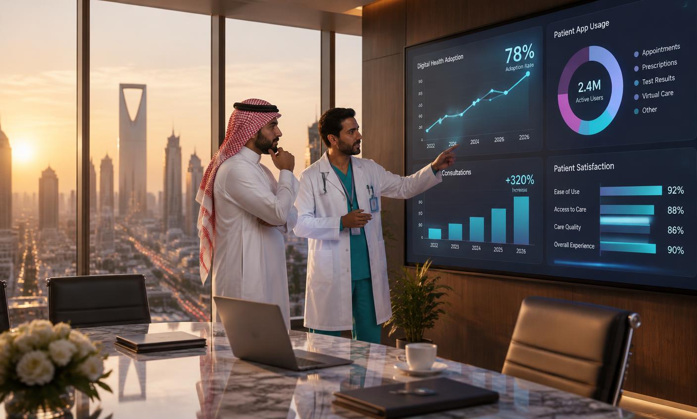 Saudi patient using a health app on his phone while a doctor in a white coat looks on in a Riyadh clinic