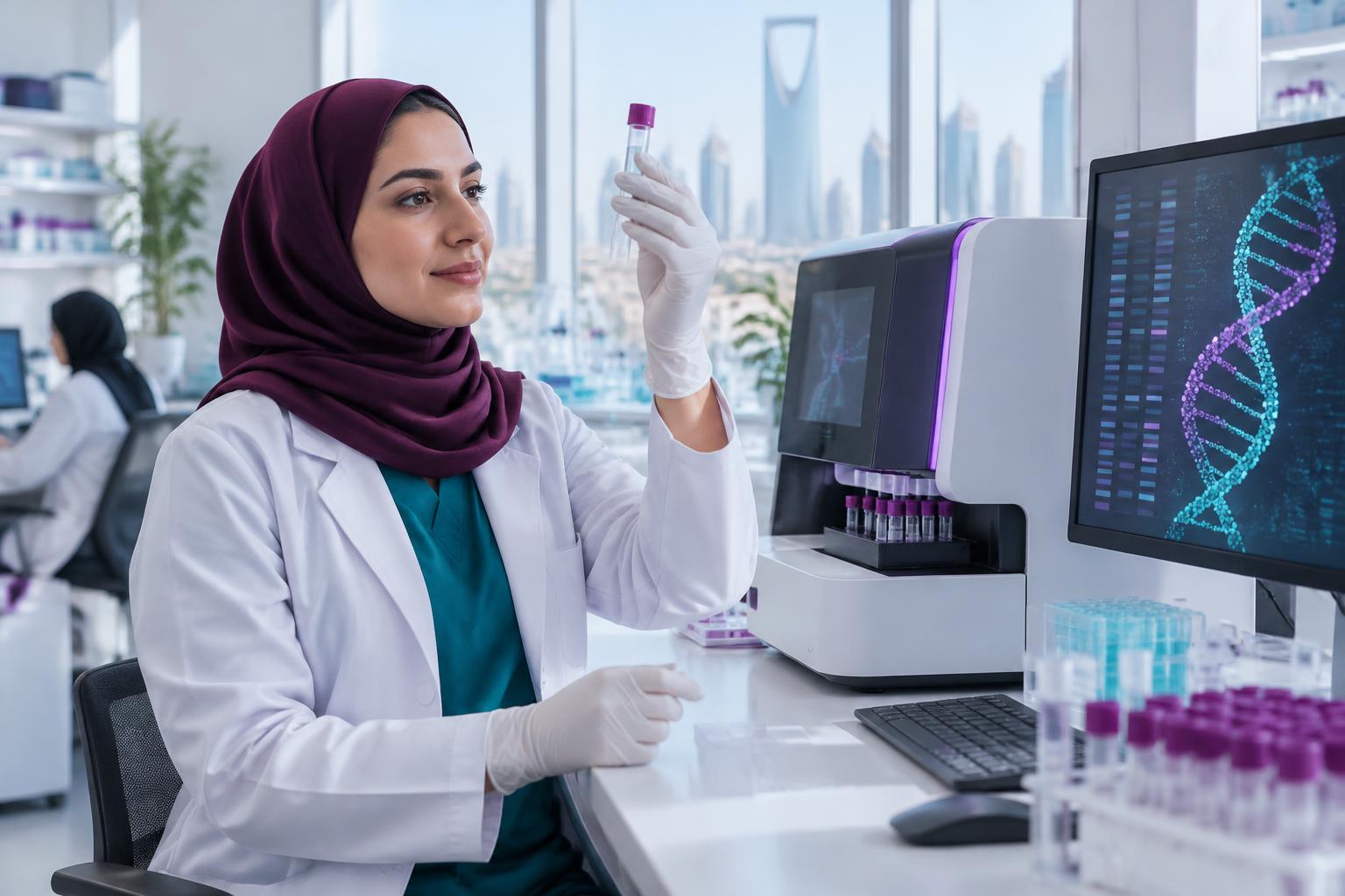 Illustration of a clinical geneticist examining a sample beside sequencing equipment and a DNA visualization
