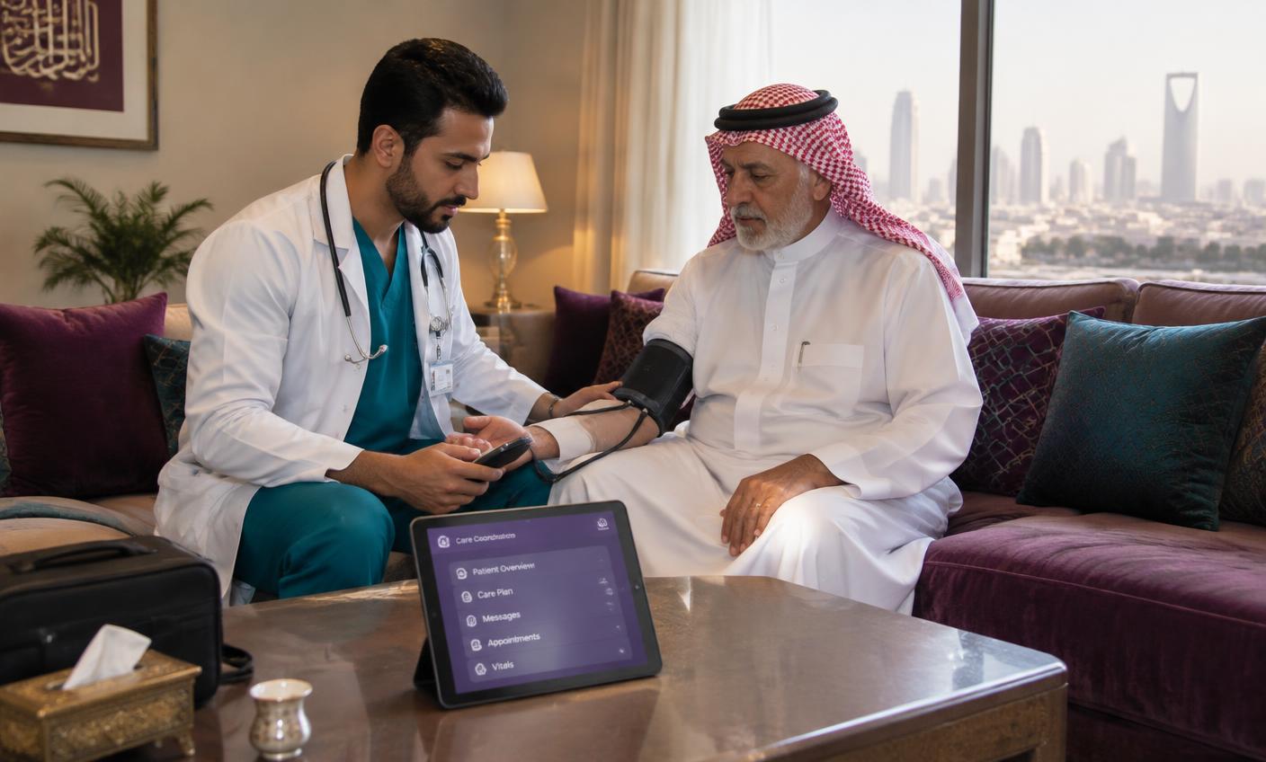 Male nurse in a white coat checking an elderly patient's blood pressure during a home visit in Riyadh