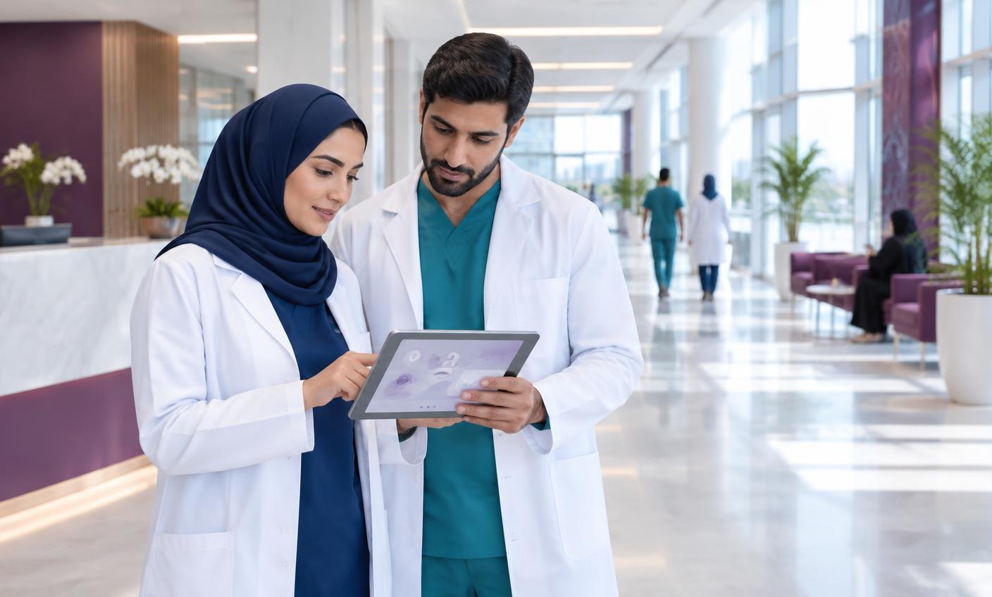 Illustrative healthcare team reviewing a patient app in a hospital