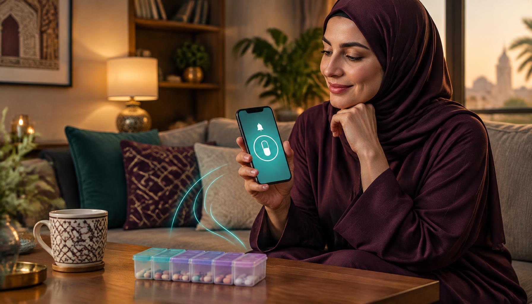 Woman at home checking a medication reminder on her phone beside a pill organizer
