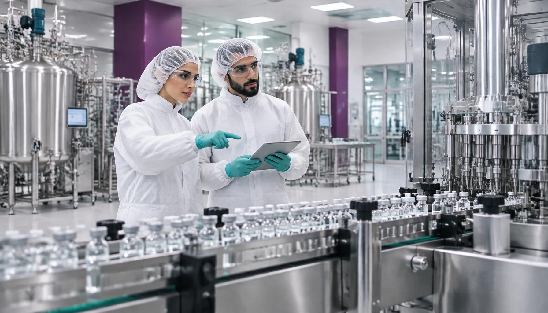 Illustrative Saudi biotech manufacturing scene with scientists inspecting a medicine vial production line