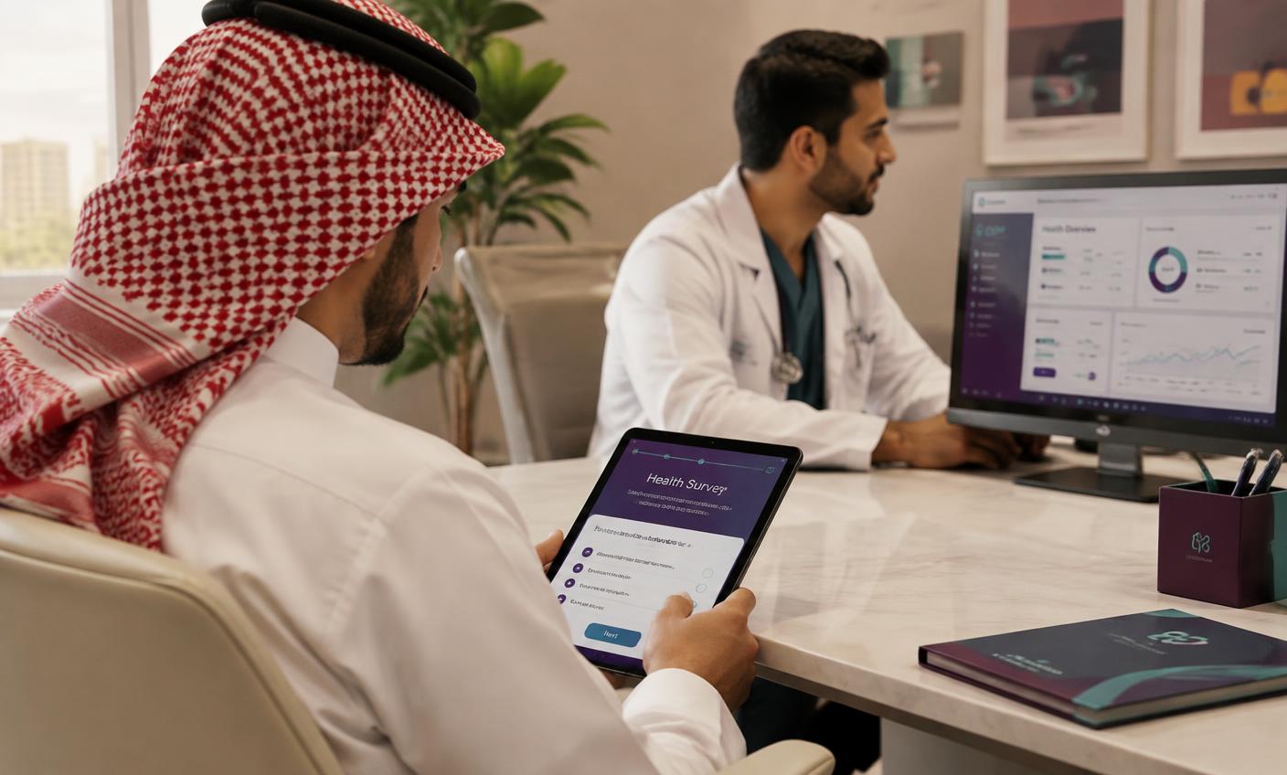 Saudi patient completing a health questionnaire on a tablet while a doctor reviews results on a desktop screen