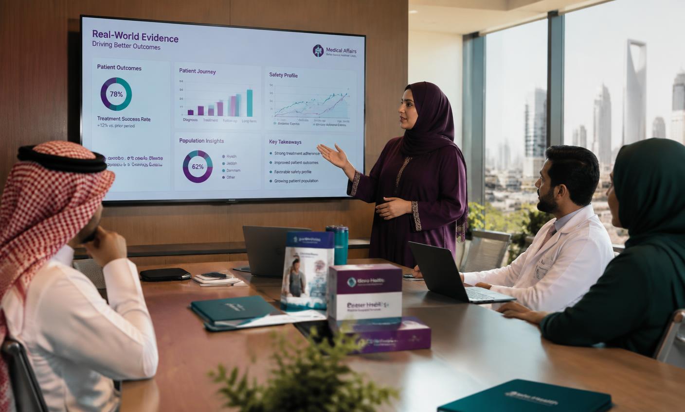 Pharmaceutical medical affairs team in Riyadh reviewing real-world evidence dashboards on a large screen