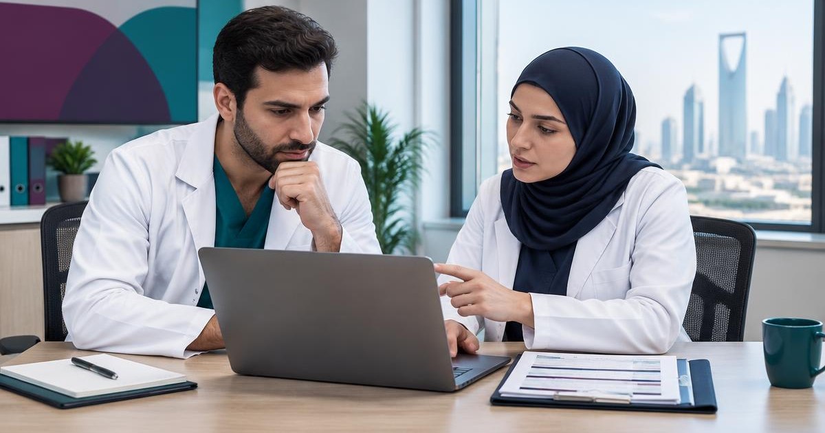 Doctor and safety specialist reviewing a patient-safety handoff