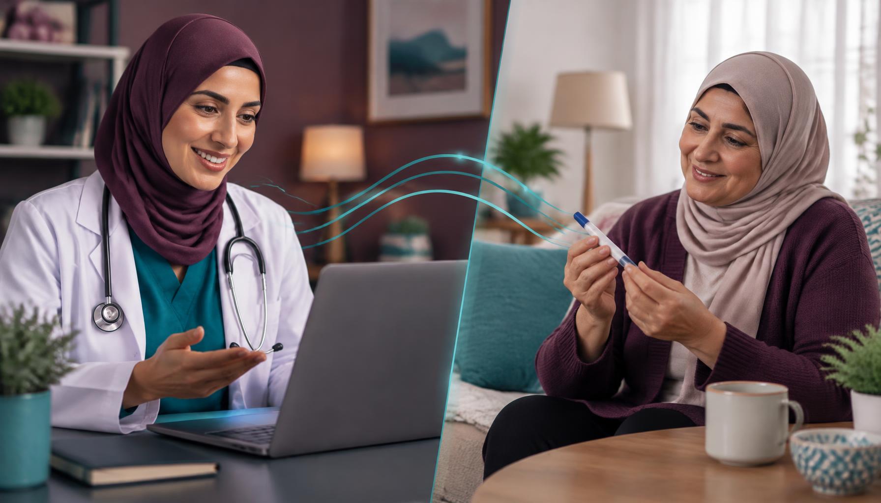 Patient support nurse on a video call with a patient at home holding a medication pen