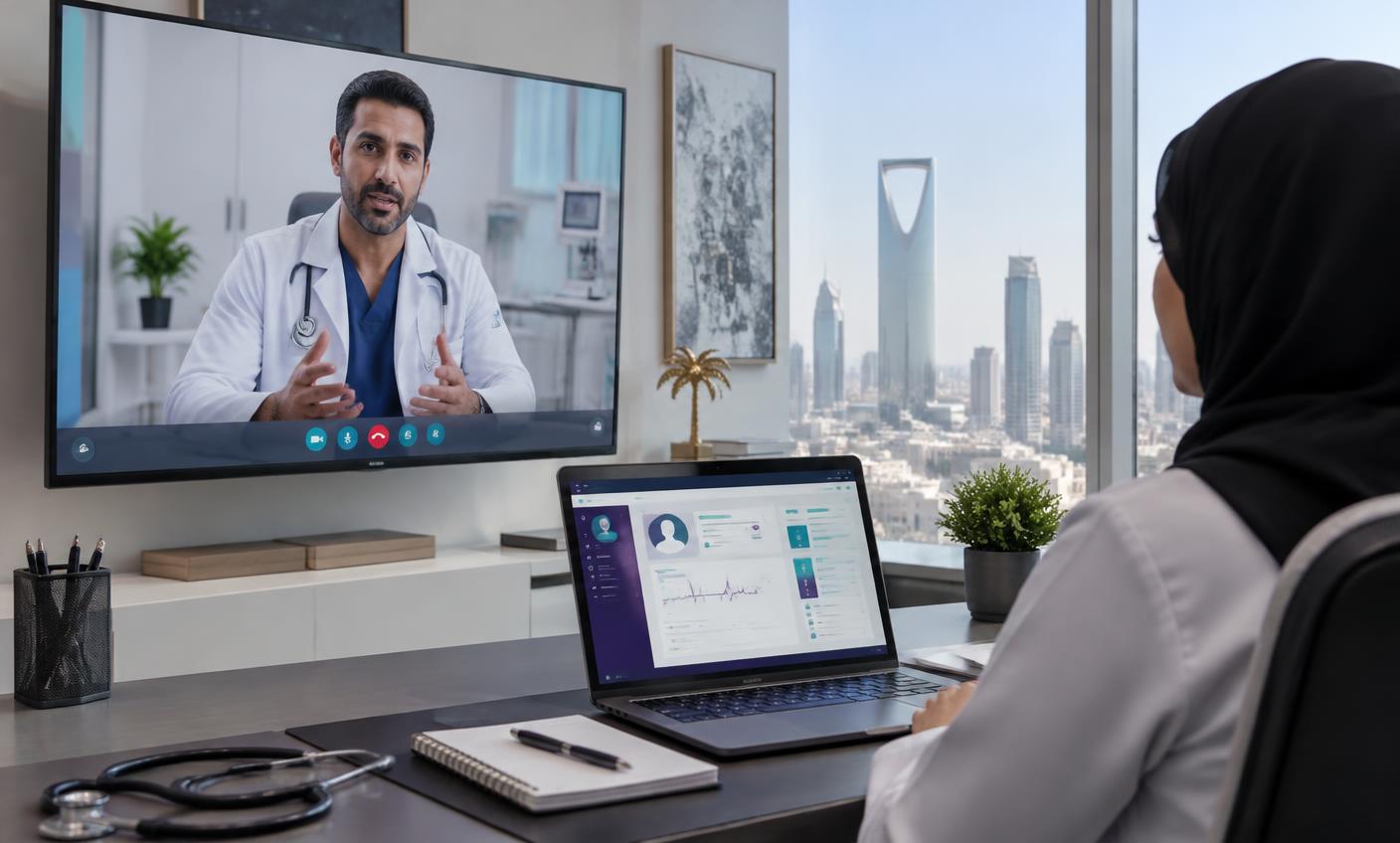 Illustrative telehealth video consultation on a monitor in a Riyadh hospital office