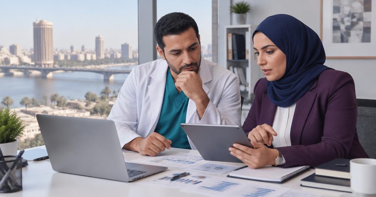 مشهد توضيحي لاجتماع مشتريات بالقاهرة: طبيب ومسؤولة يراجعان جهازًا لوحيًا ووثائق تخطيط